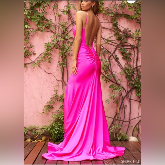 New Hot Pink Satin Mermaid Maxi Dress Evening Gown Cocktail Wedding size XS - Picture 3 of 10